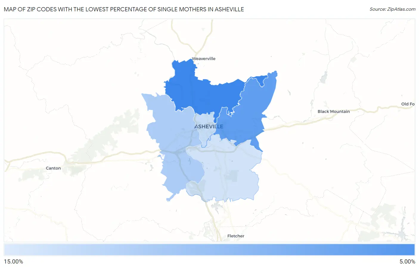 Zip Codes with the Lowest Percentage of Single Mothers in Asheville Map