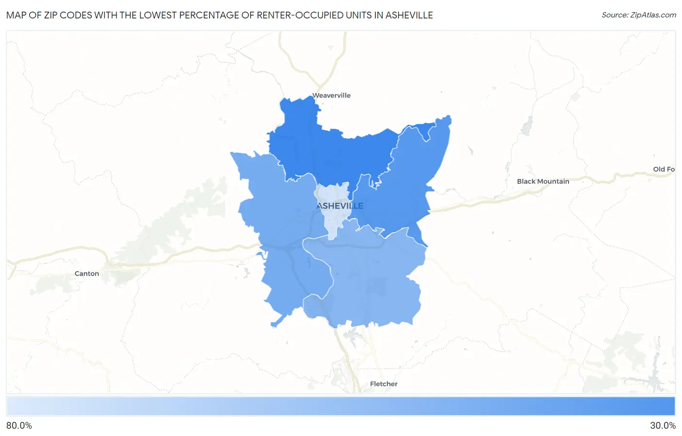 Zip Codes with the Lowest Percentage of Renter-Occupied Units in Asheville Map