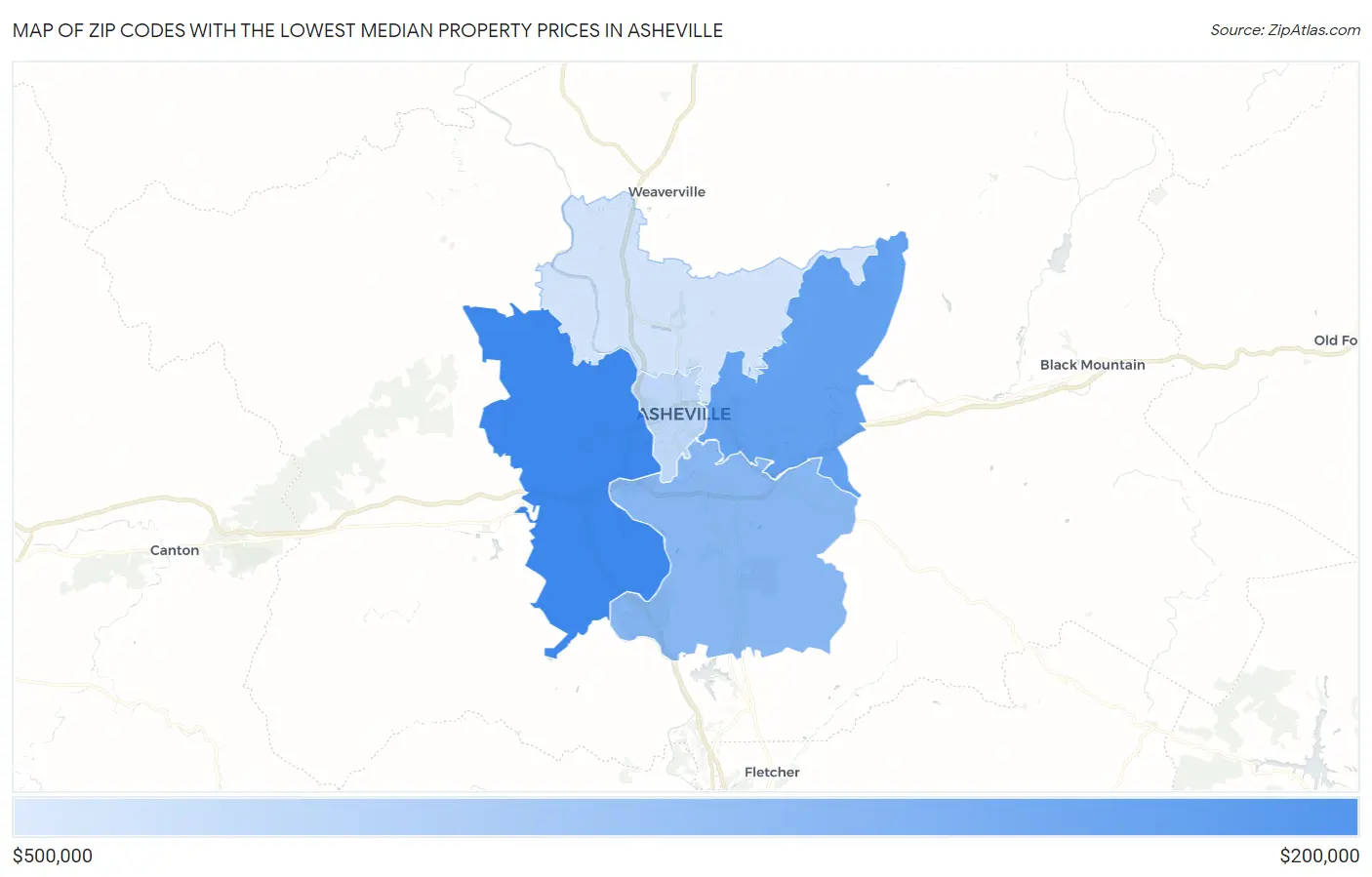 Zip Codes with the Lowest Median Property Prices in Asheville Map