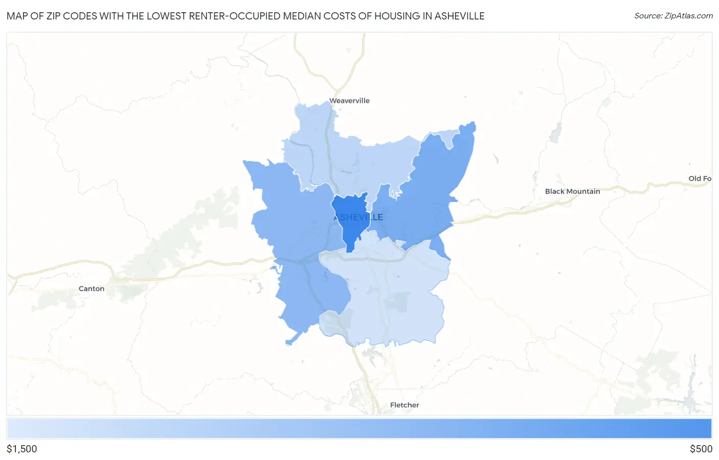 Zip Codes with the Lowest Renter-Occupied Median Costs of Housing in Asheville Map