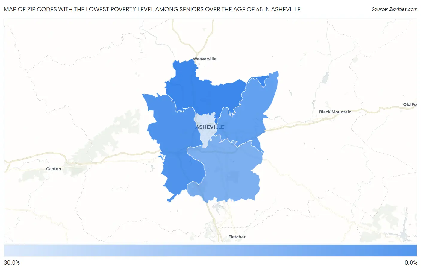 Zip Codes with the Lowest Poverty Level Among Seniors Over the Age of 65 in Asheville Map
