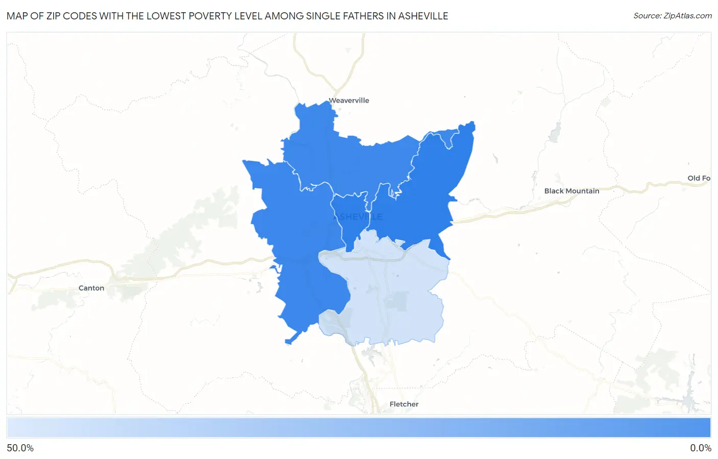 Zip Codes with the Lowest Poverty Level Among Single Fathers in Asheville Map