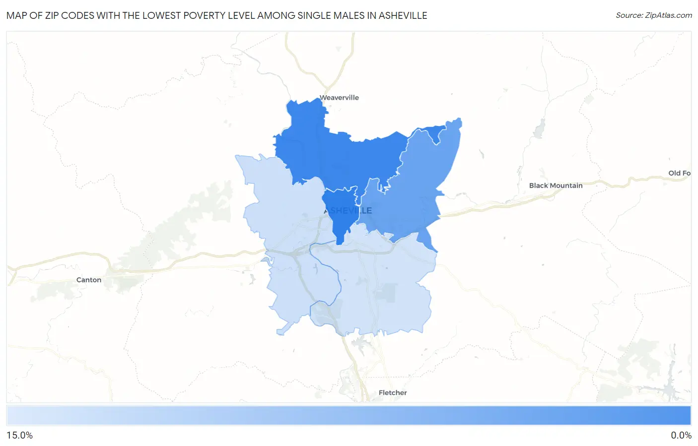 Zip Codes with the Lowest Poverty Level Among Single Males in Asheville Map