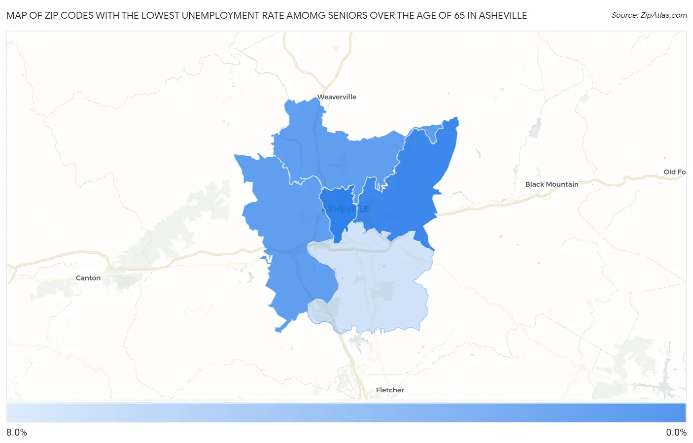 Zip Codes with the Lowest Unemployment Rate Amomg Seniors Over the Age of 65 in Asheville Map