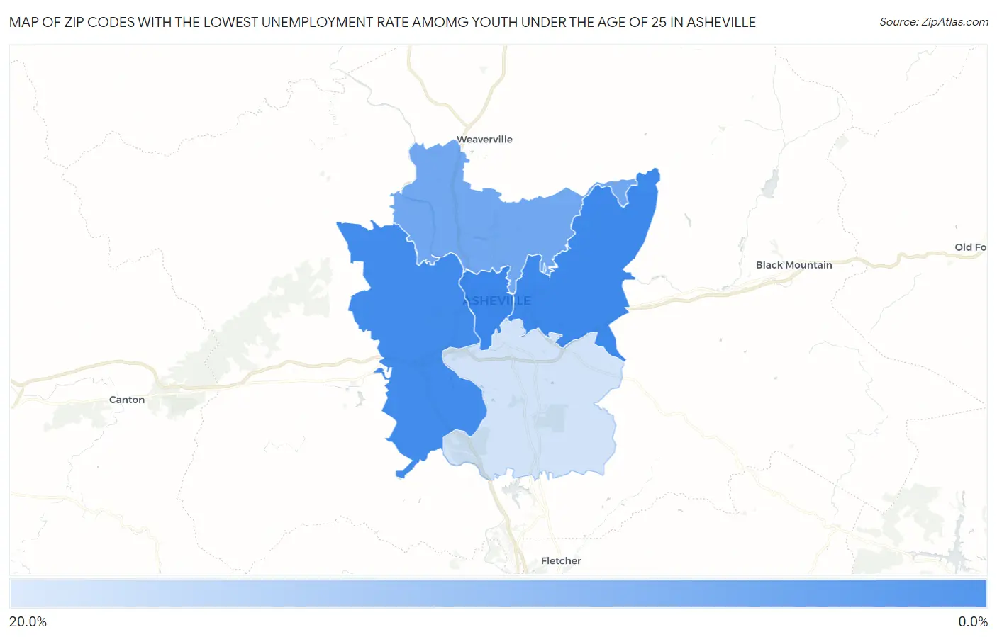 Zip Codes with the Lowest Unemployment Rate Amomg Youth Under the Age of 25 in Asheville Map