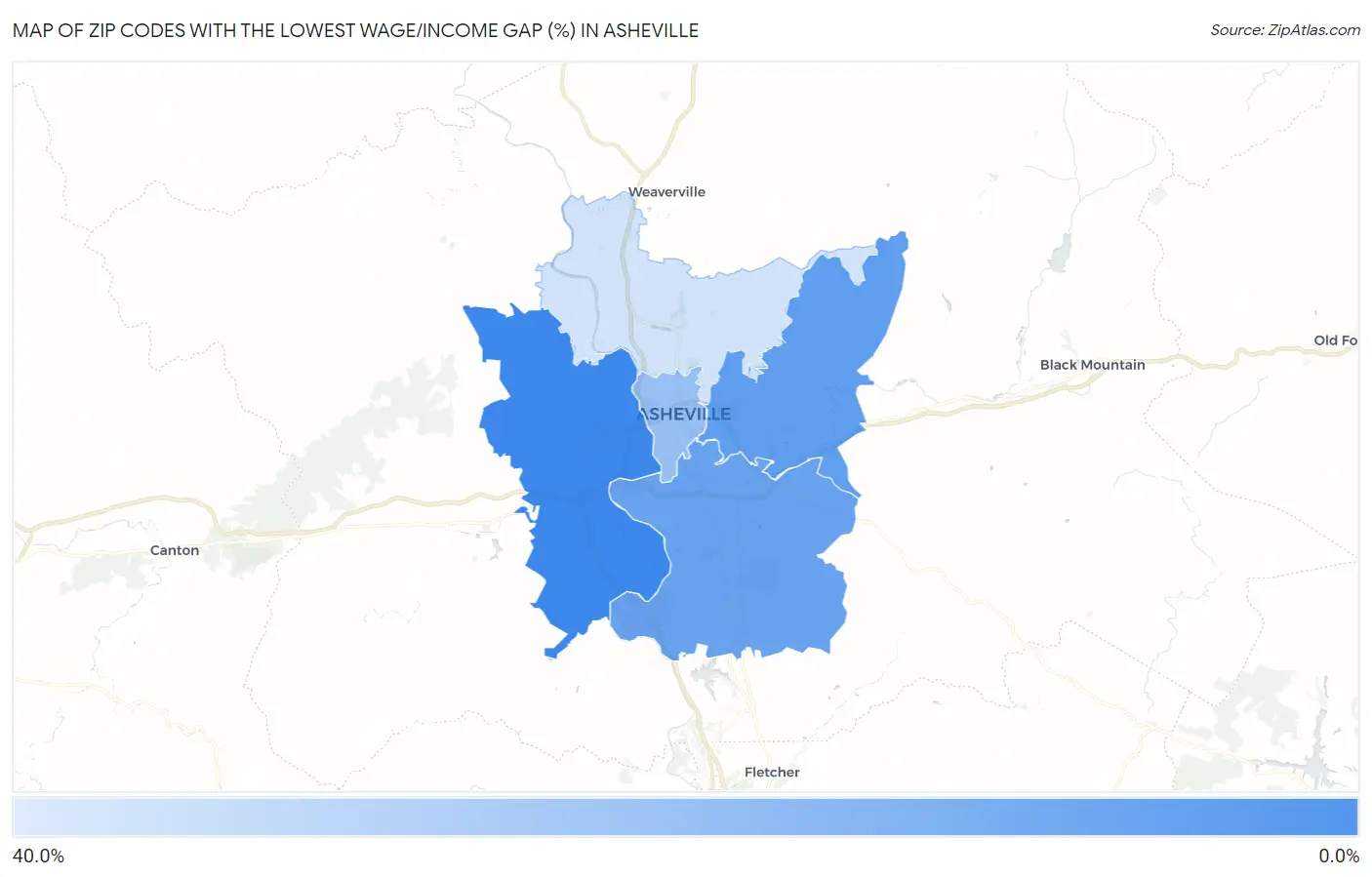 Zip Codes with the Lowest Wage/Income Gap (%) in Asheville Map