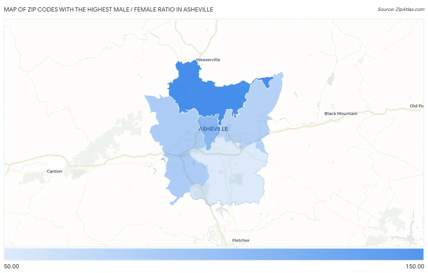 Zip Codes with the Highest Male / Female Ratio in Asheville Map