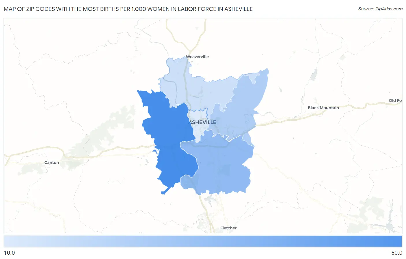 Zip Codes with the Most Births per 1,000 Women in Labor Force in Asheville Map