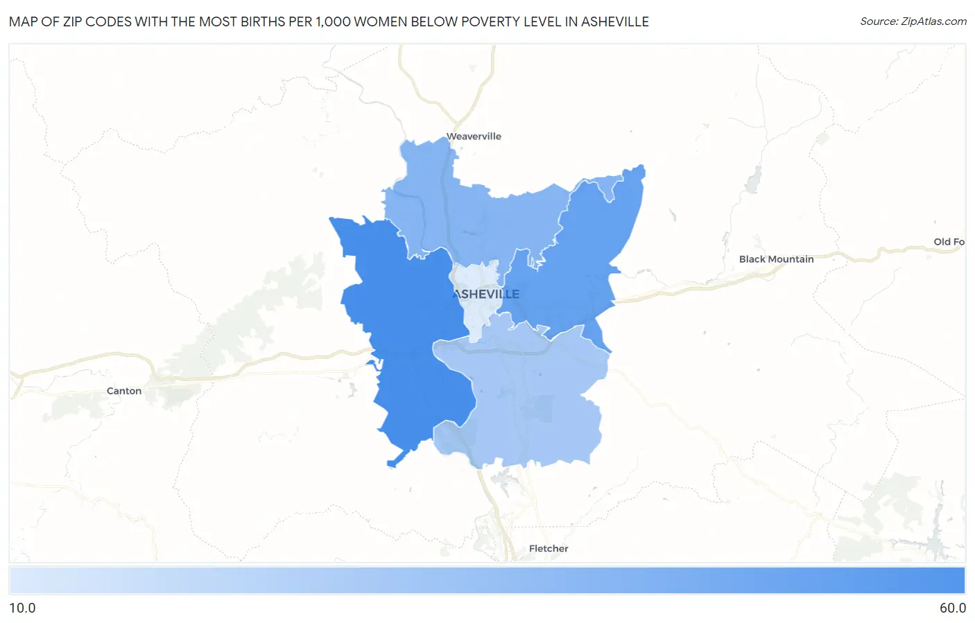 Zip Codes with the Most Births per 1,000 Women Below Poverty Level in Asheville Map
