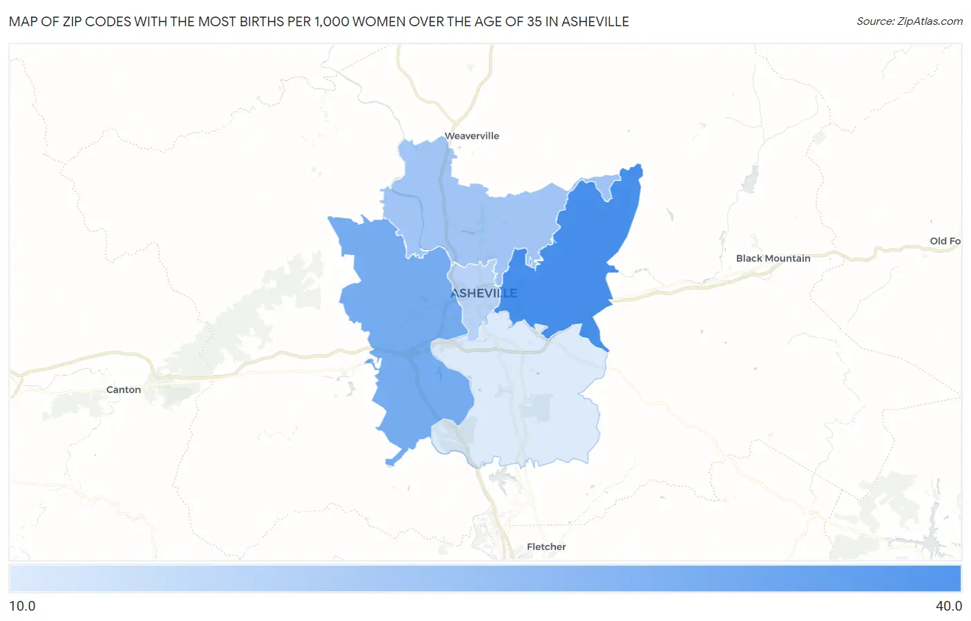 Zip Codes with the Most Births per 1,000 Women Over the Age of 35 in Asheville Map
