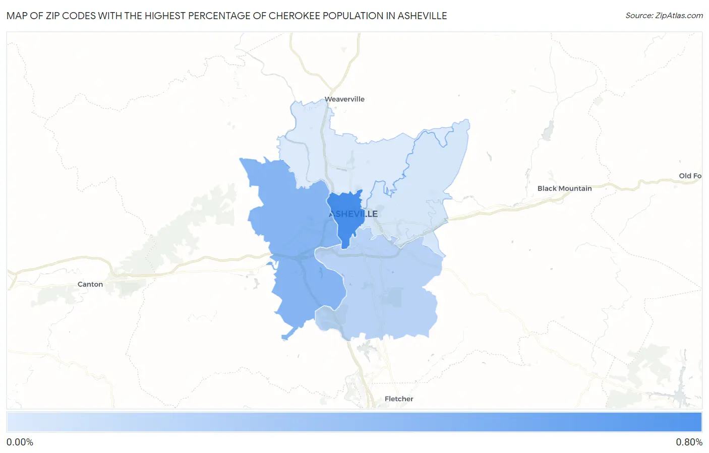 Zip Codes with the Highest Percentage of Cherokee Population in Asheville Map
