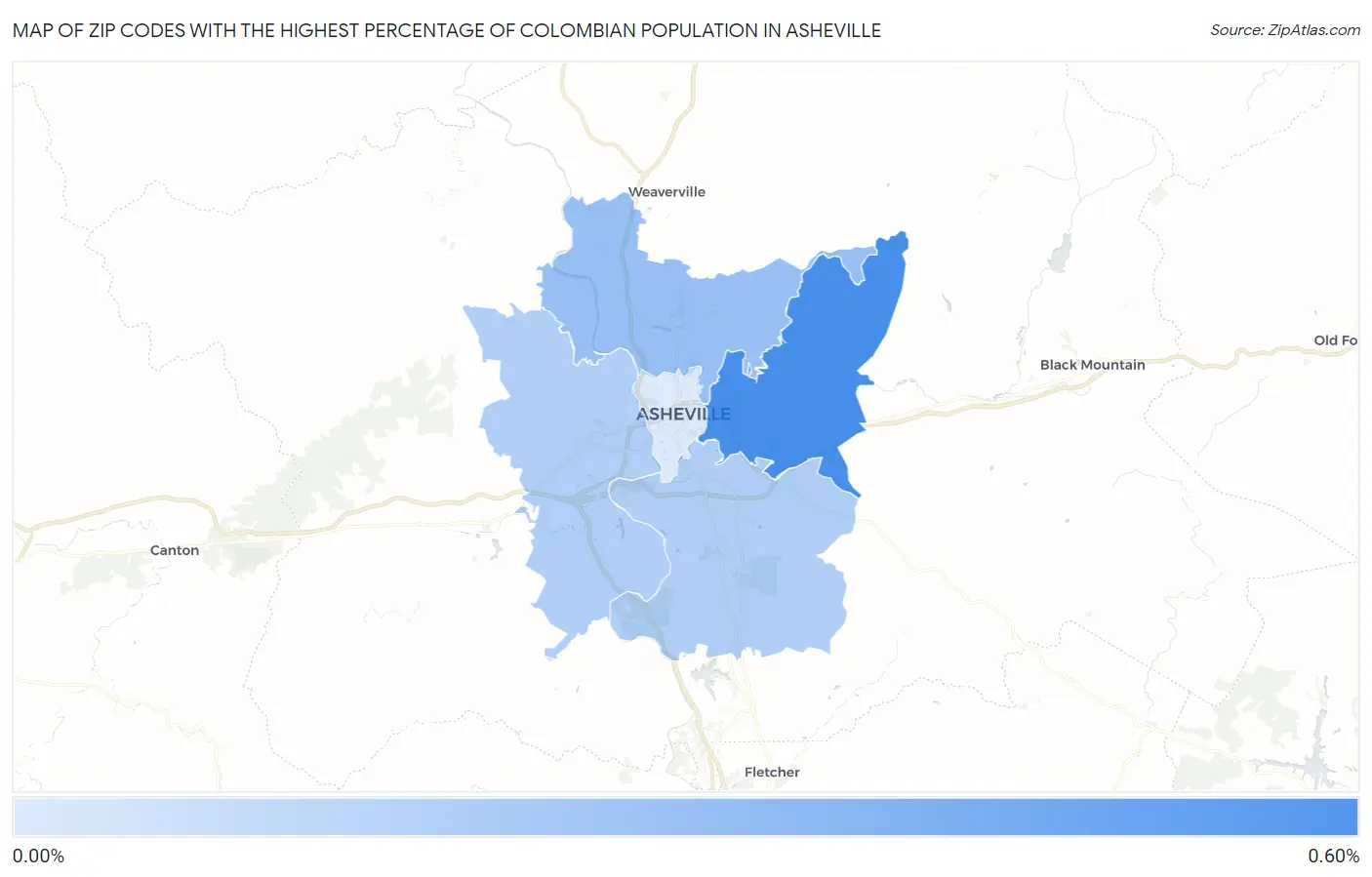 Zip Codes with the Highest Percentage of Colombian Population in Asheville Map