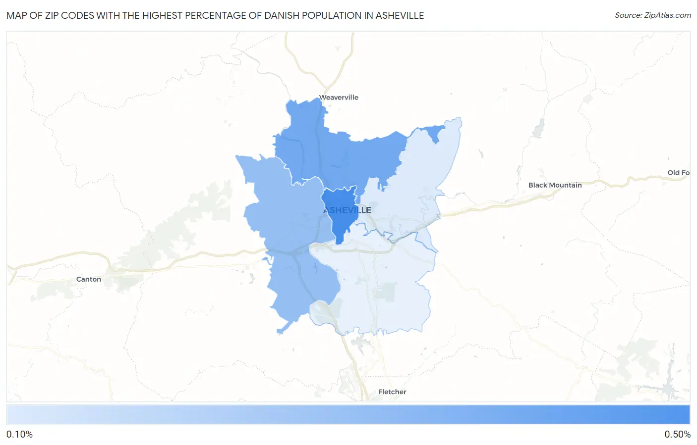 Zip Codes with the Highest Percentage of Danish Population in Asheville Map