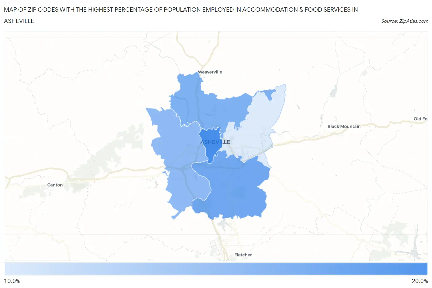 Zip Codes with the Highest Percentage of Population Employed in Accommodation & Food Services in Asheville Map