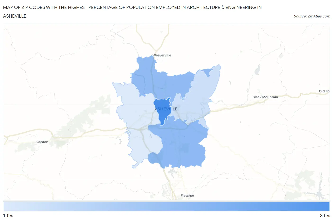 Zip Codes with the Highest Percentage of Population Employed in Architecture & Engineering in Asheville Map