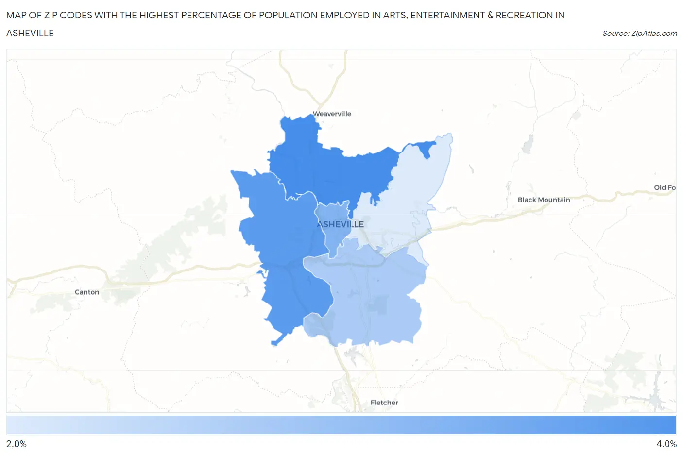 Zip Codes with the Highest Percentage of Population Employed in Arts, Entertainment & Recreation in Asheville Map