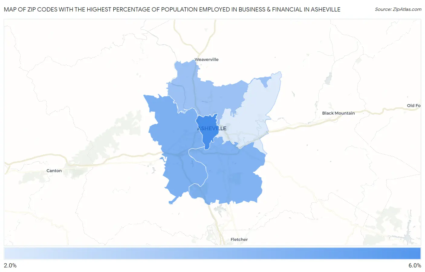 Zip Codes with the Highest Percentage of Population Employed in Business & Financial in Asheville Map