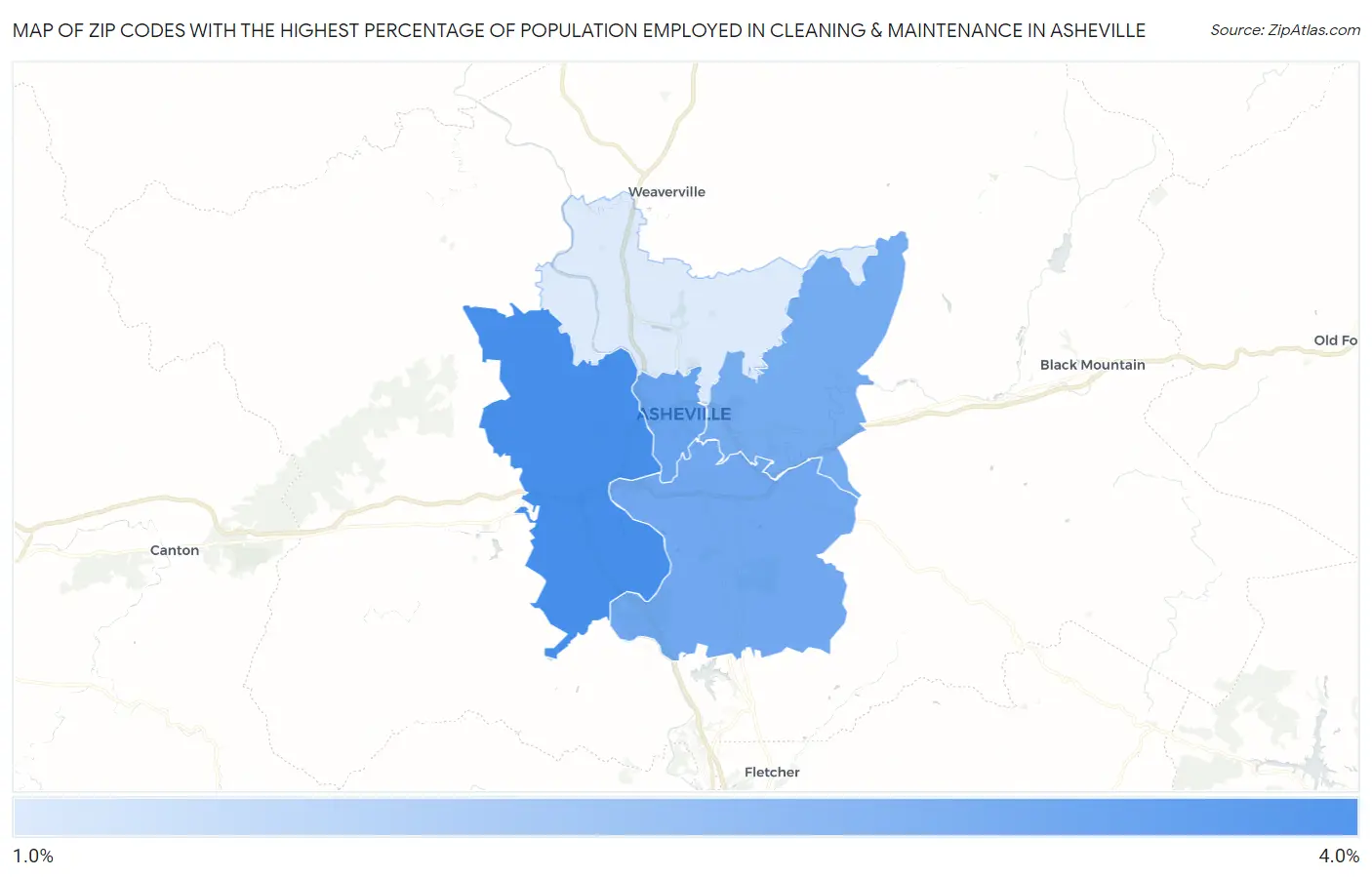 Zip Codes with the Highest Percentage of Population Employed in Cleaning & Maintenance in Asheville Map