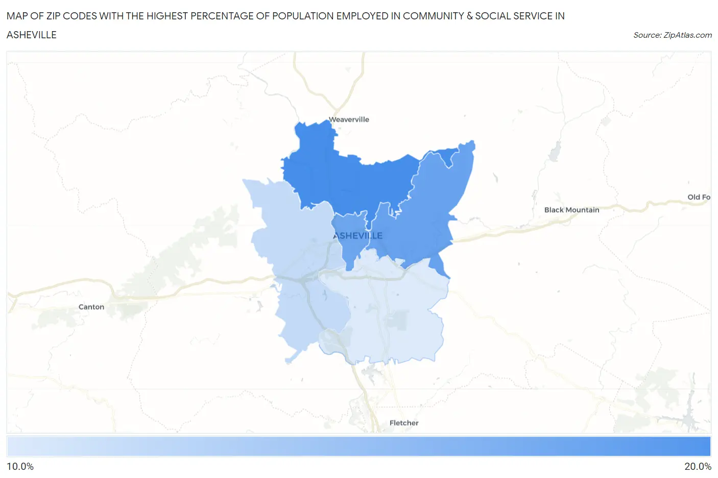 Zip Codes with the Highest Percentage of Population Employed in Community & Social Service  in Asheville Map