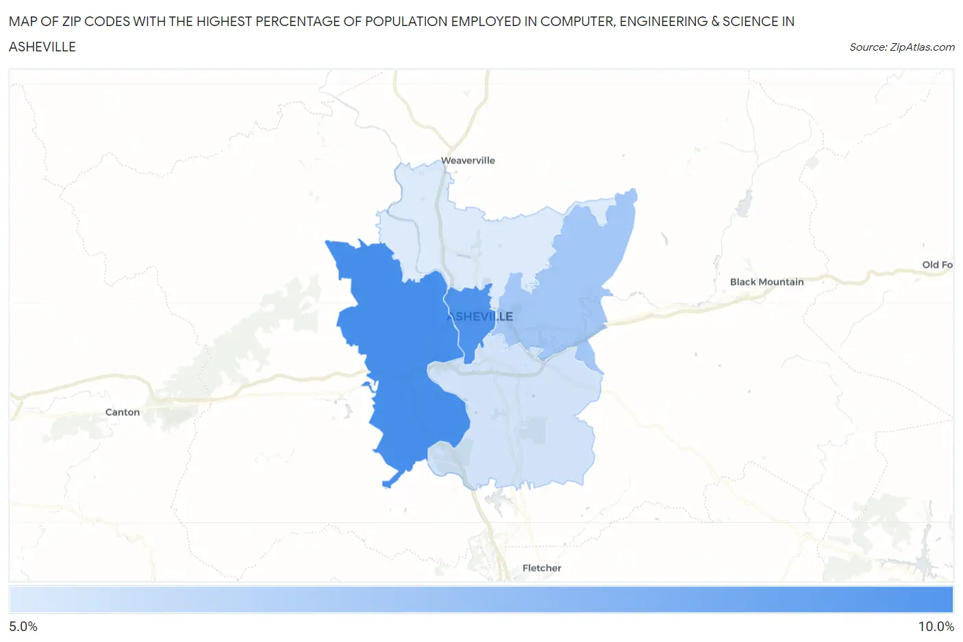 Zip Codes with the Highest Percentage of Population Employed in Computer, Engineering & Science in Asheville Map