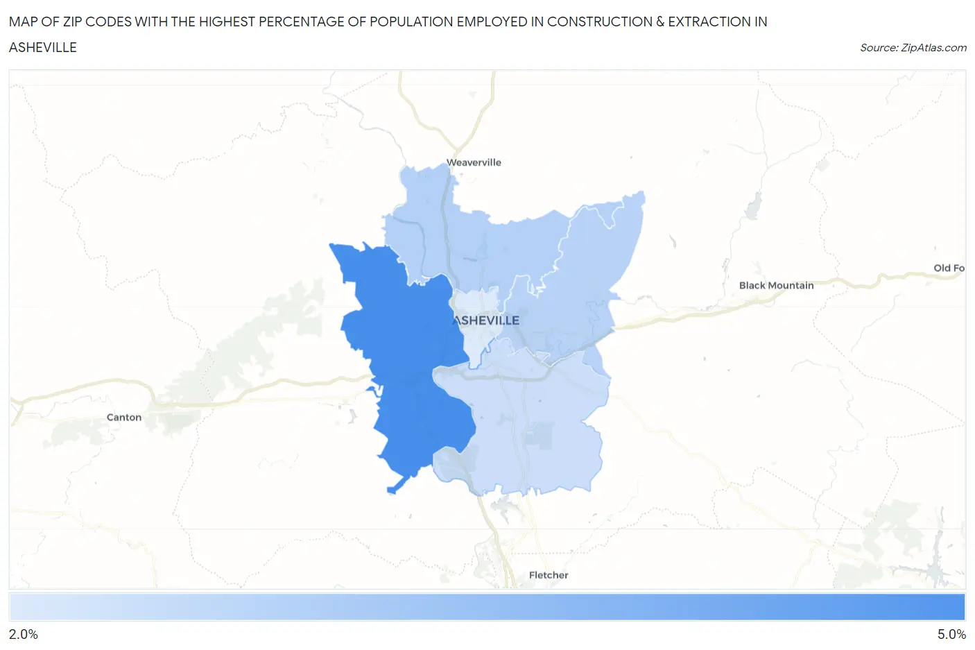 Zip Codes with the Highest Percentage of Population Employed in Construction & Extraction in Asheville Map