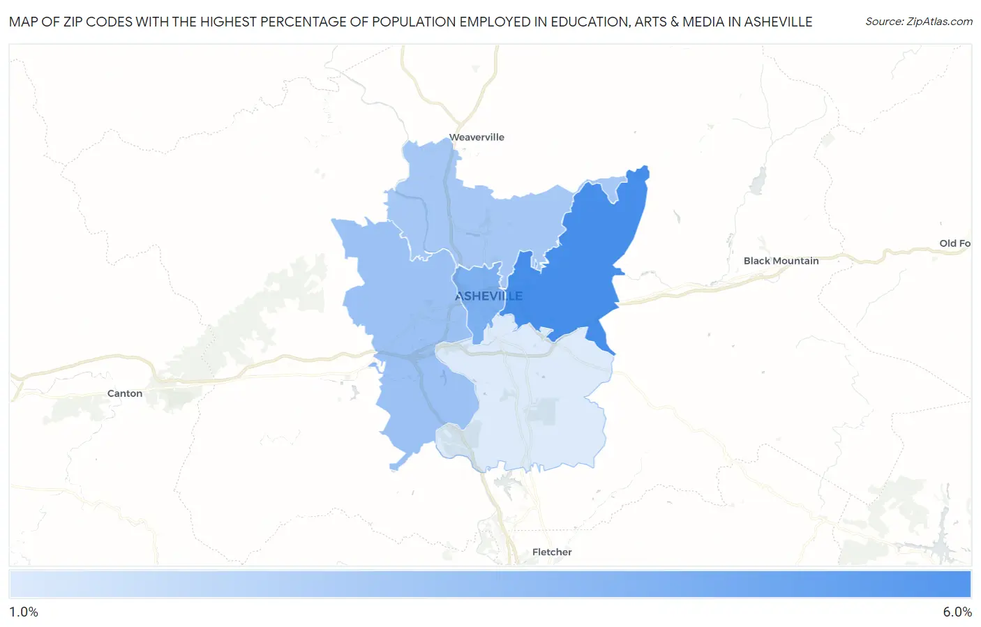 Zip Codes with the Highest Percentage of Population Employed in Education, Arts & Media in Asheville Map