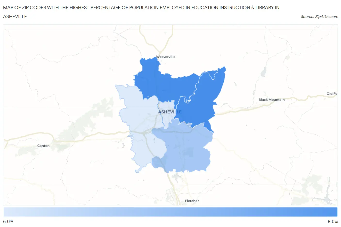 Zip Codes with the Highest Percentage of Population Employed in Education Instruction & Library in Asheville Map