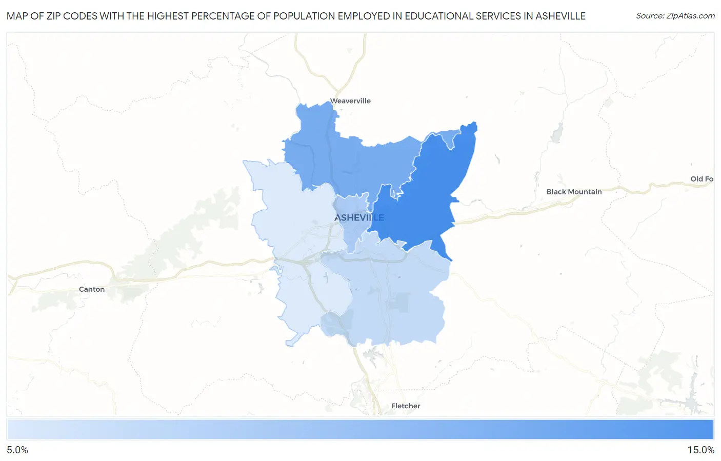 Zip Codes with the Highest Percentage of Population Employed in Educational Services in Asheville Map