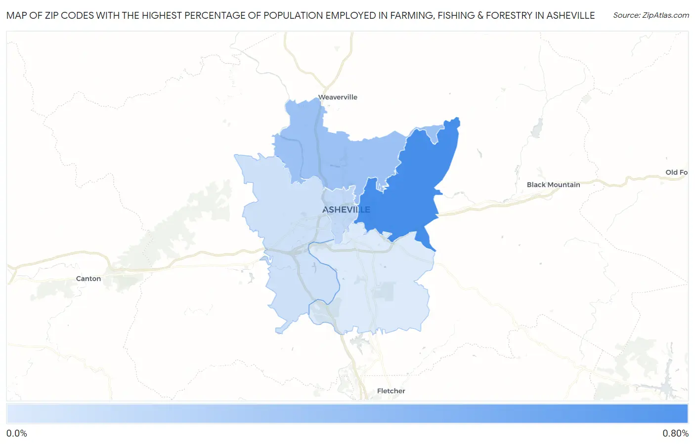 Zip Codes with the Highest Percentage of Population Employed in Farming, Fishing & Forestry in Asheville Map