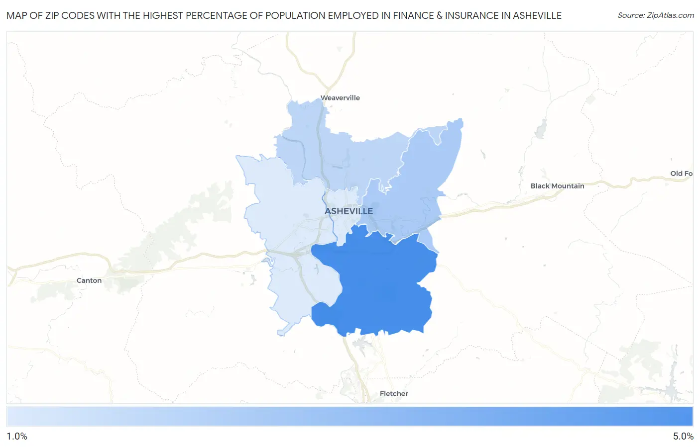Zip Codes with the Highest Percentage of Population Employed in Finance & Insurance in Asheville Map
