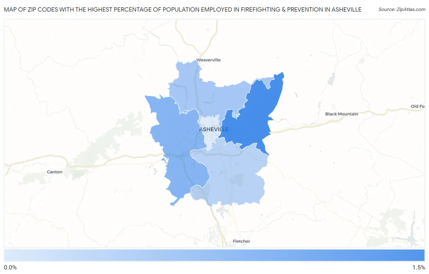 Zip Codes with the Highest Percentage of Population Employed in Firefighting & Prevention in Asheville Map