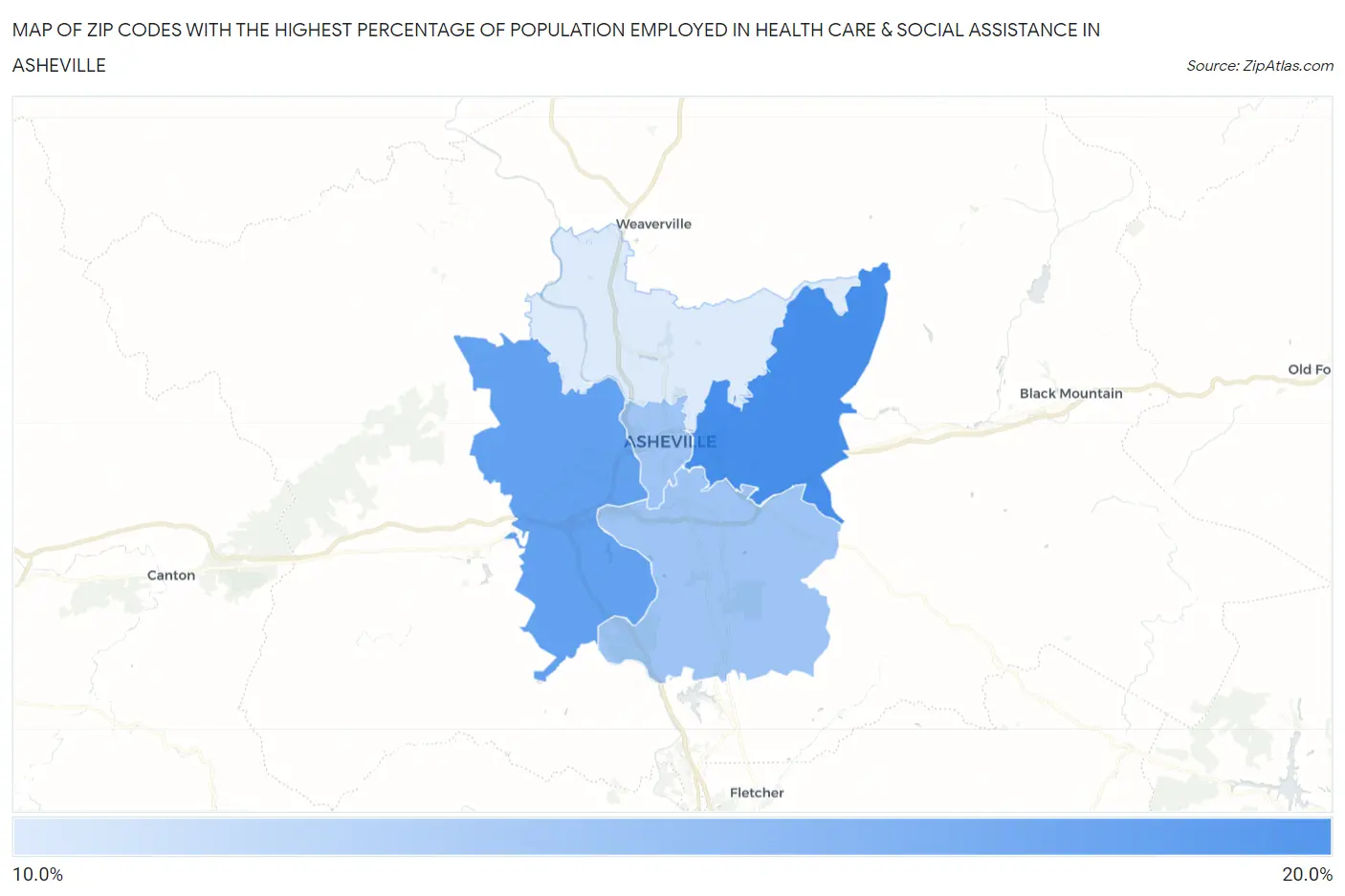 Zip Codes with the Highest Percentage of Population Employed in Health Care & Social Assistance in Asheville Map
