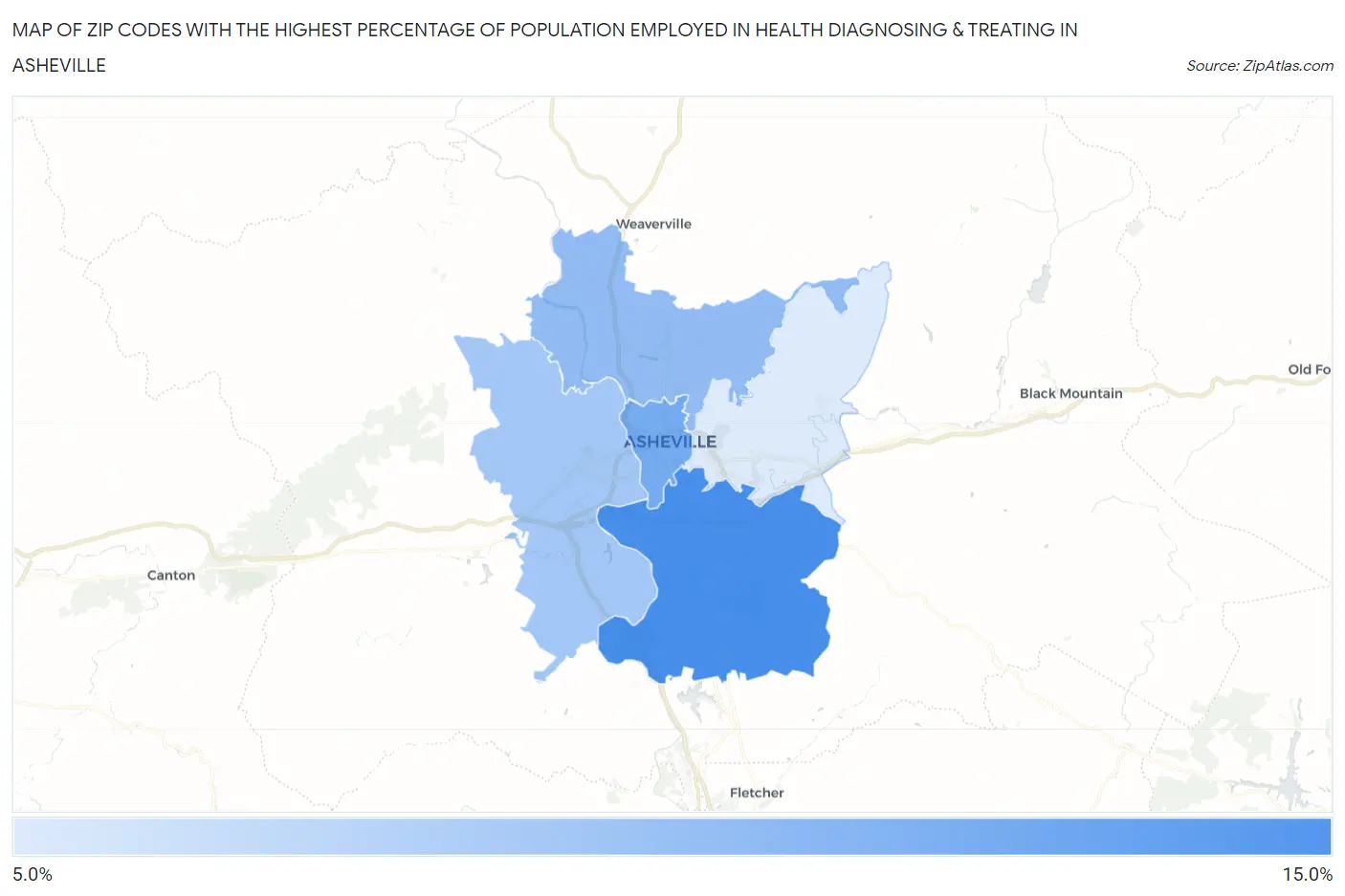 Zip Codes with the Highest Percentage of Population Employed in Health Diagnosing & Treating in Asheville Map