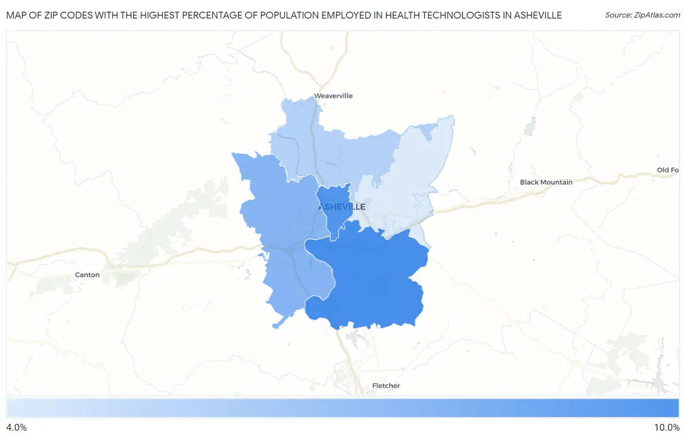 Zip Codes with the Highest Percentage of Population Employed in Health Technologists in Asheville Map