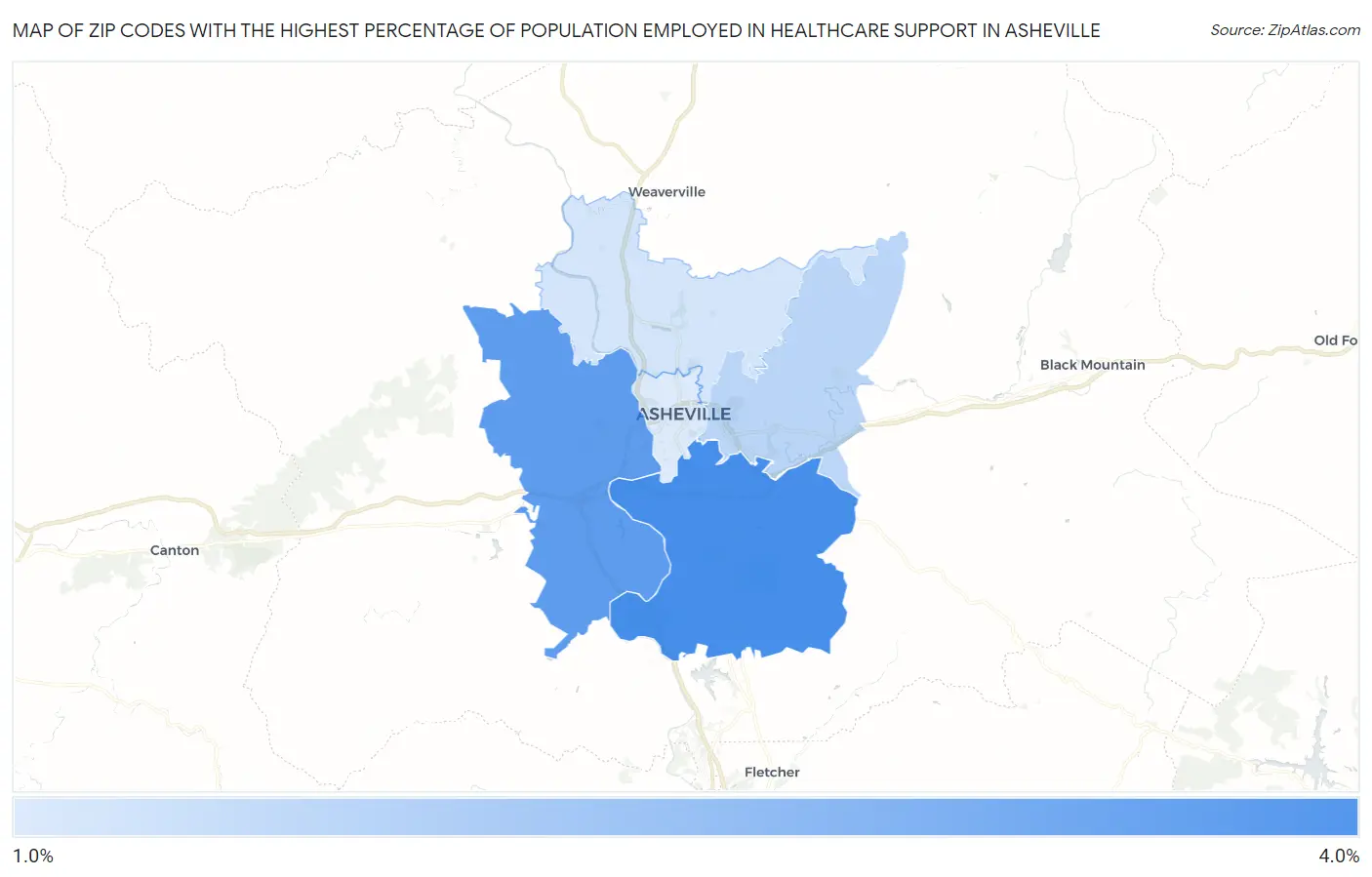 Zip Codes with the Highest Percentage of Population Employed in Healthcare Support in Asheville Map