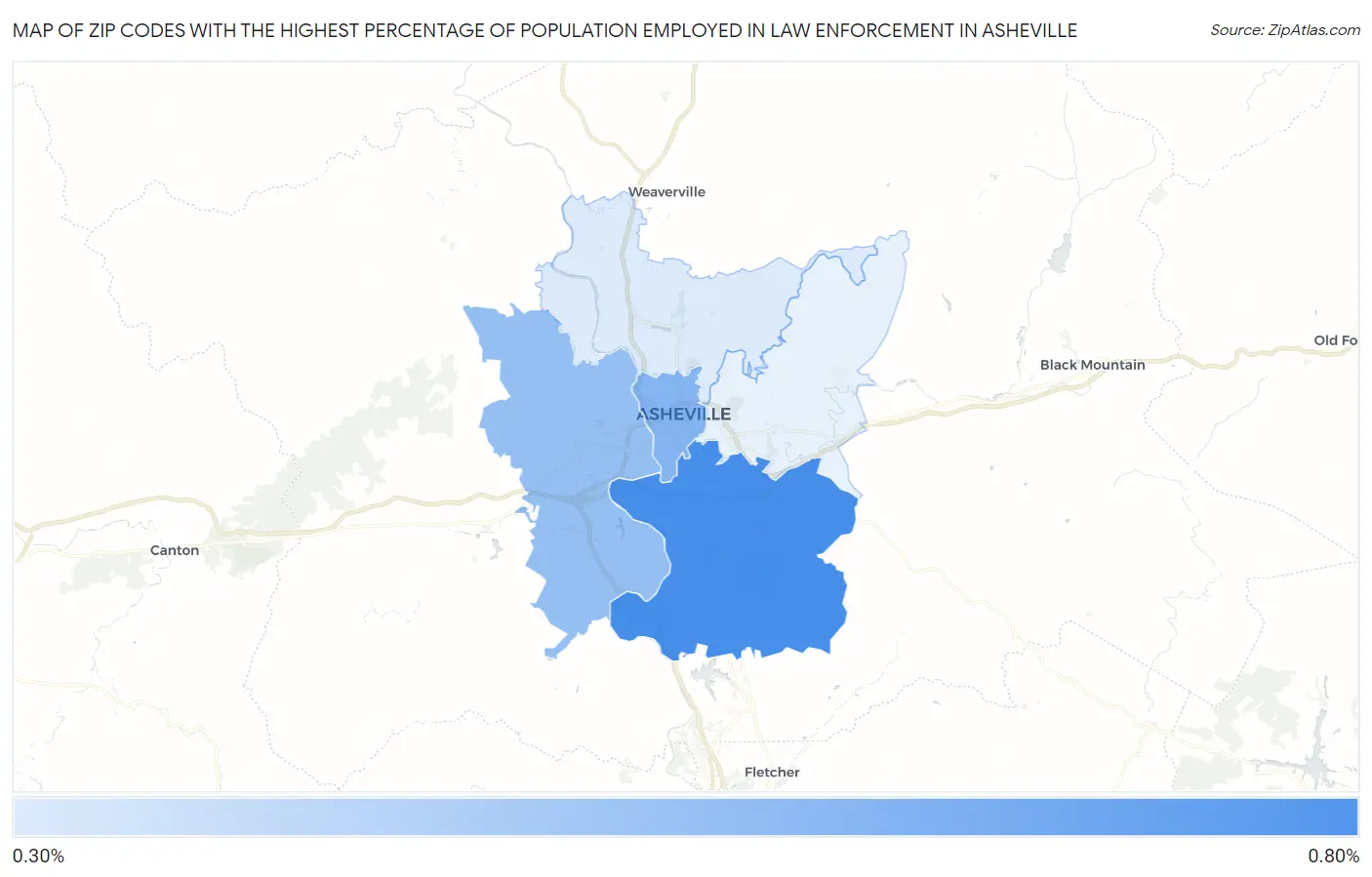 Zip Codes with the Highest Percentage of Population Employed in Law Enforcement in Asheville Map