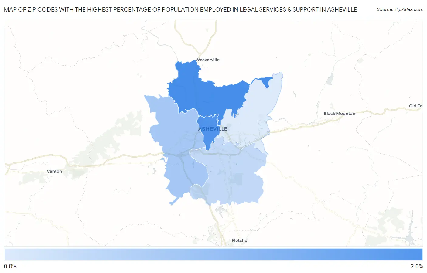 Zip Codes with the Highest Percentage of Population Employed in Legal Services & Support in Asheville Map