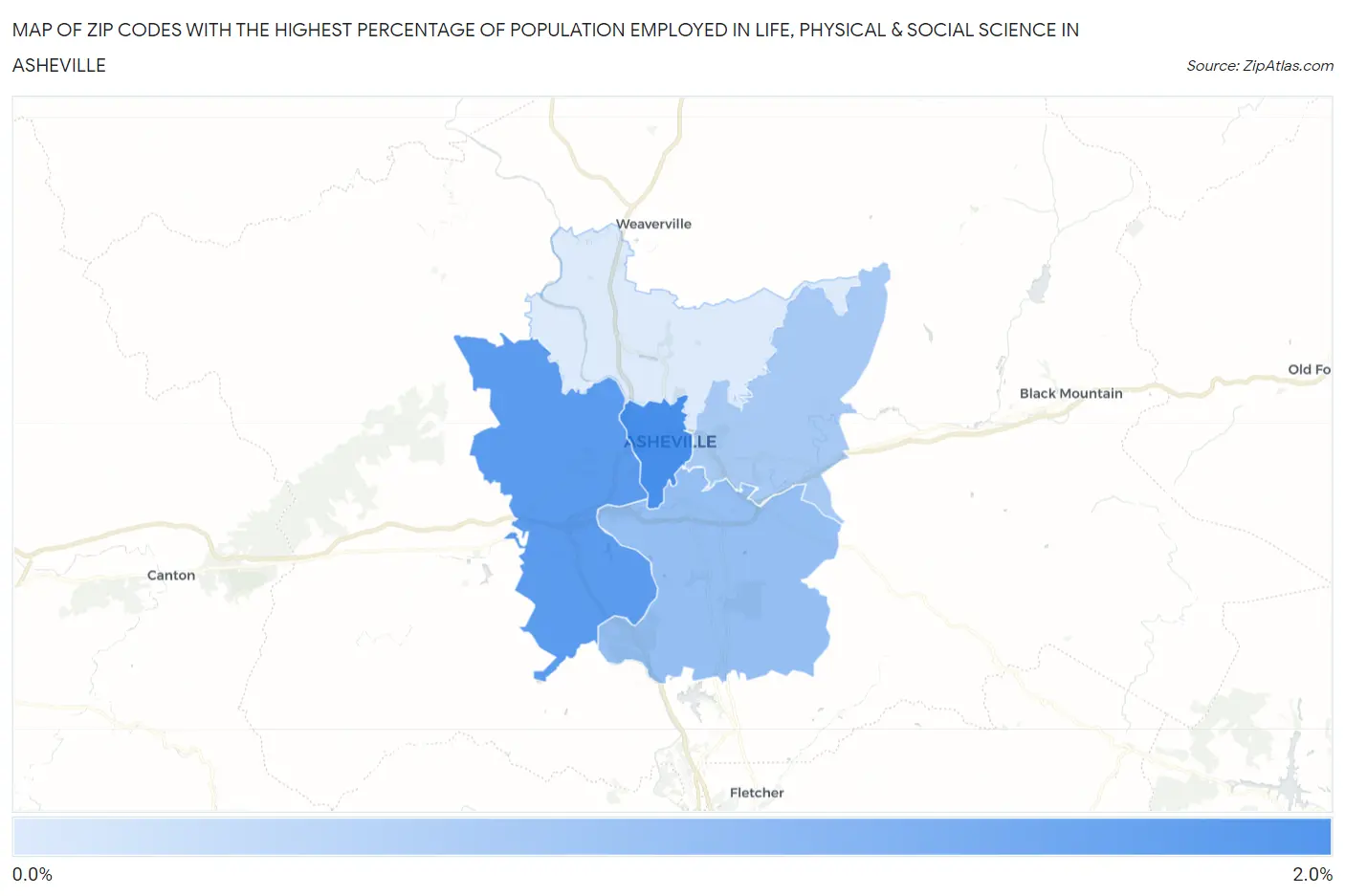 Zip Codes with the Highest Percentage of Population Employed in Life, Physical & Social Science in Asheville Map