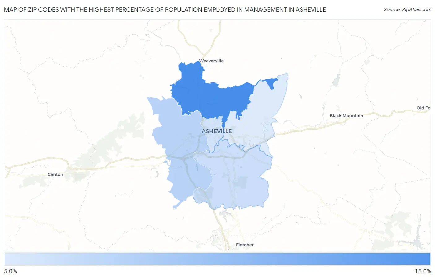Zip Codes with the Highest Percentage of Population Employed in Management in Asheville Map