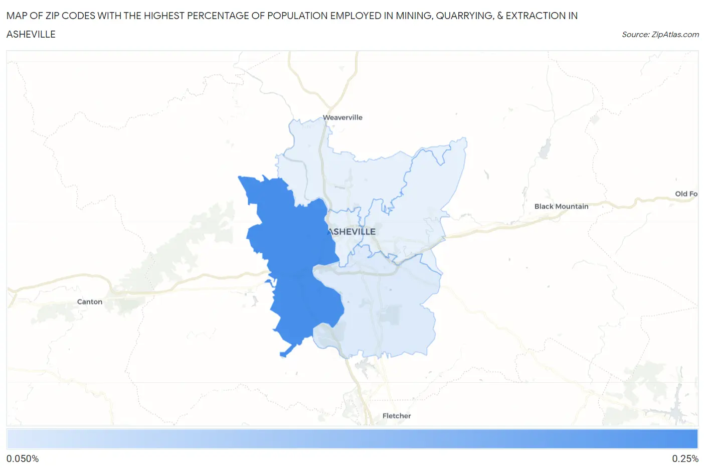 Zip Codes with the Highest Percentage of Population Employed in Mining, Quarrying, & Extraction in Asheville Map