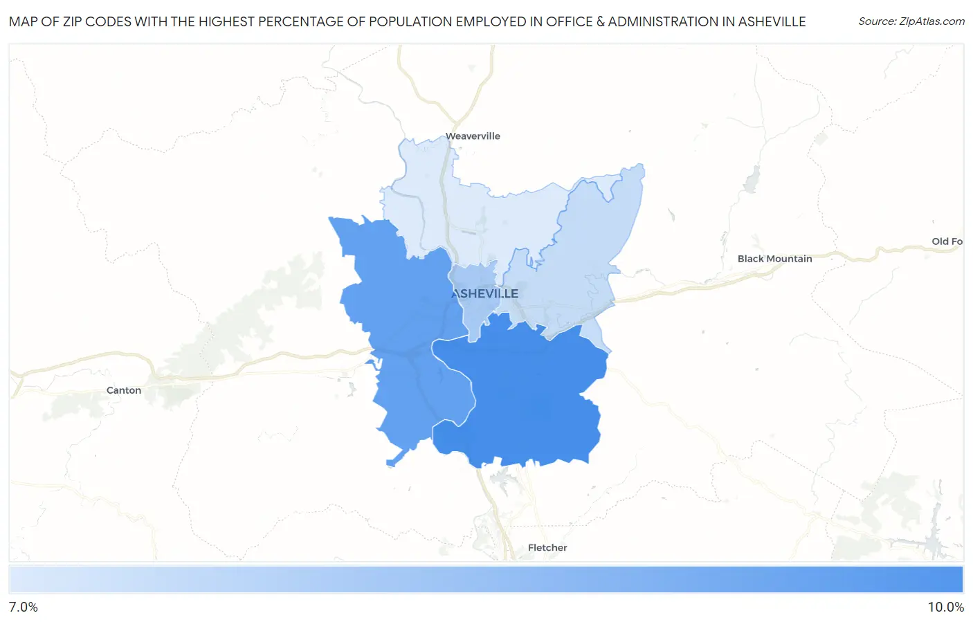 Zip Codes with the Highest Percentage of Population Employed in Office & Administration in Asheville Map