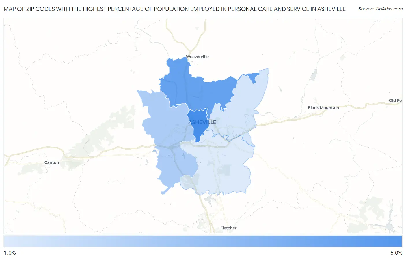 Zip Codes with the Highest Percentage of Population Employed in Personal Care and Service in Asheville Map