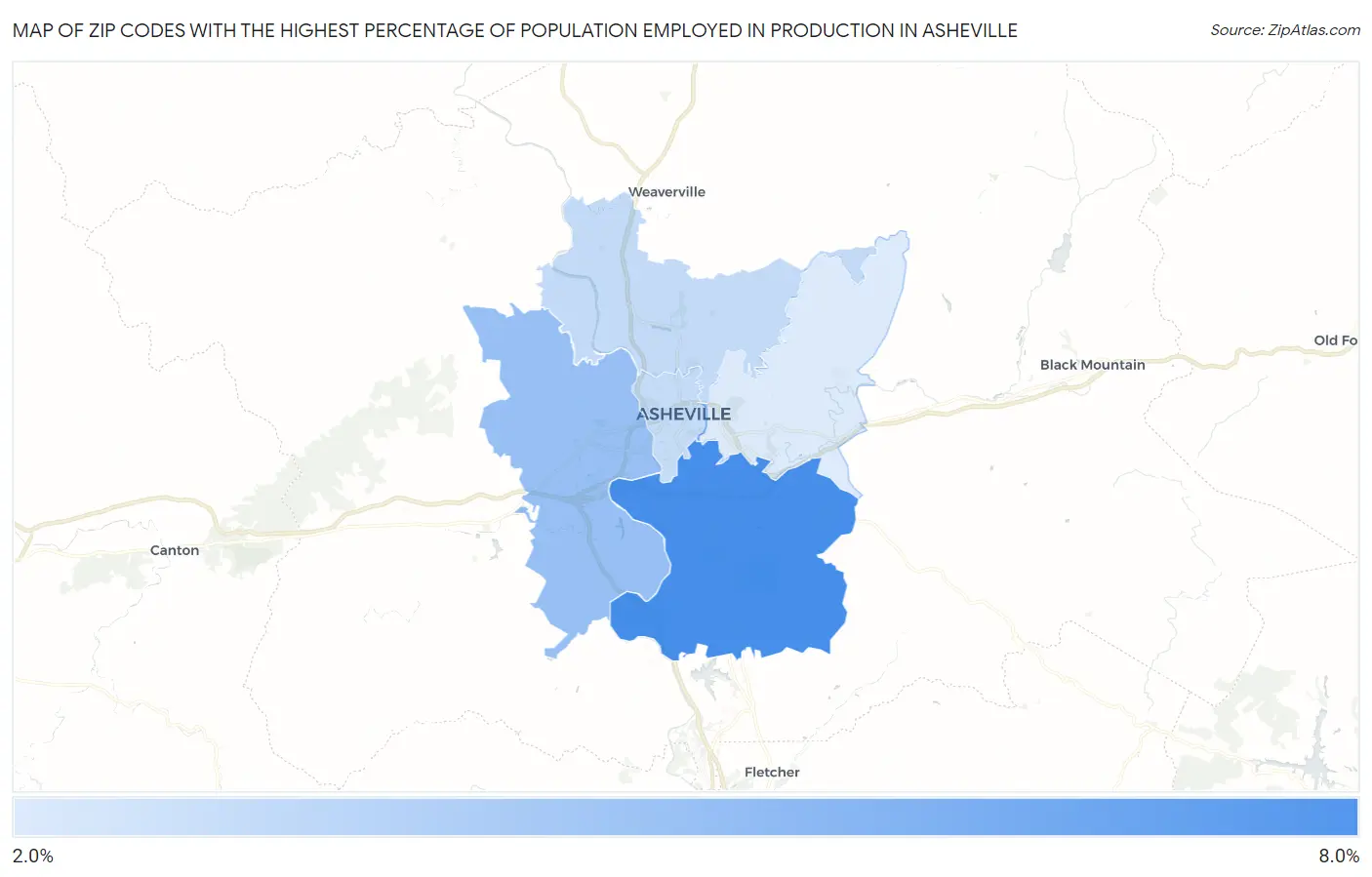 Zip Codes with the Highest Percentage of Population Employed in Production in Asheville Map