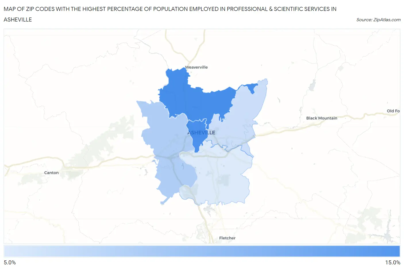 Zip Codes with the Highest Percentage of Population Employed in Professional & Scientific Services in Asheville Map