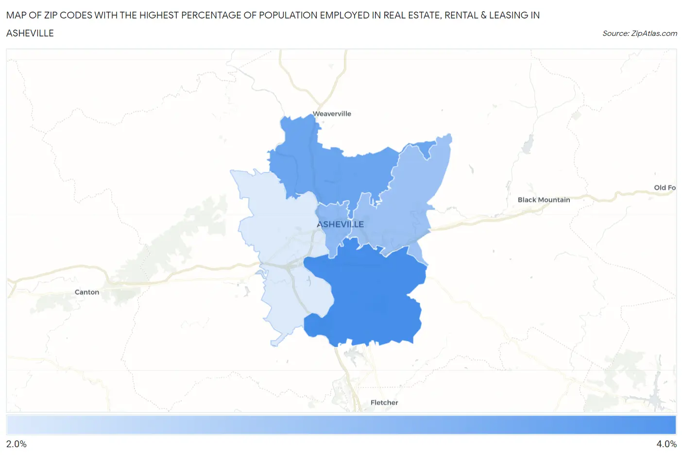 Zip Codes with the Highest Percentage of Population Employed in Real Estate, Rental & Leasing in Asheville Map