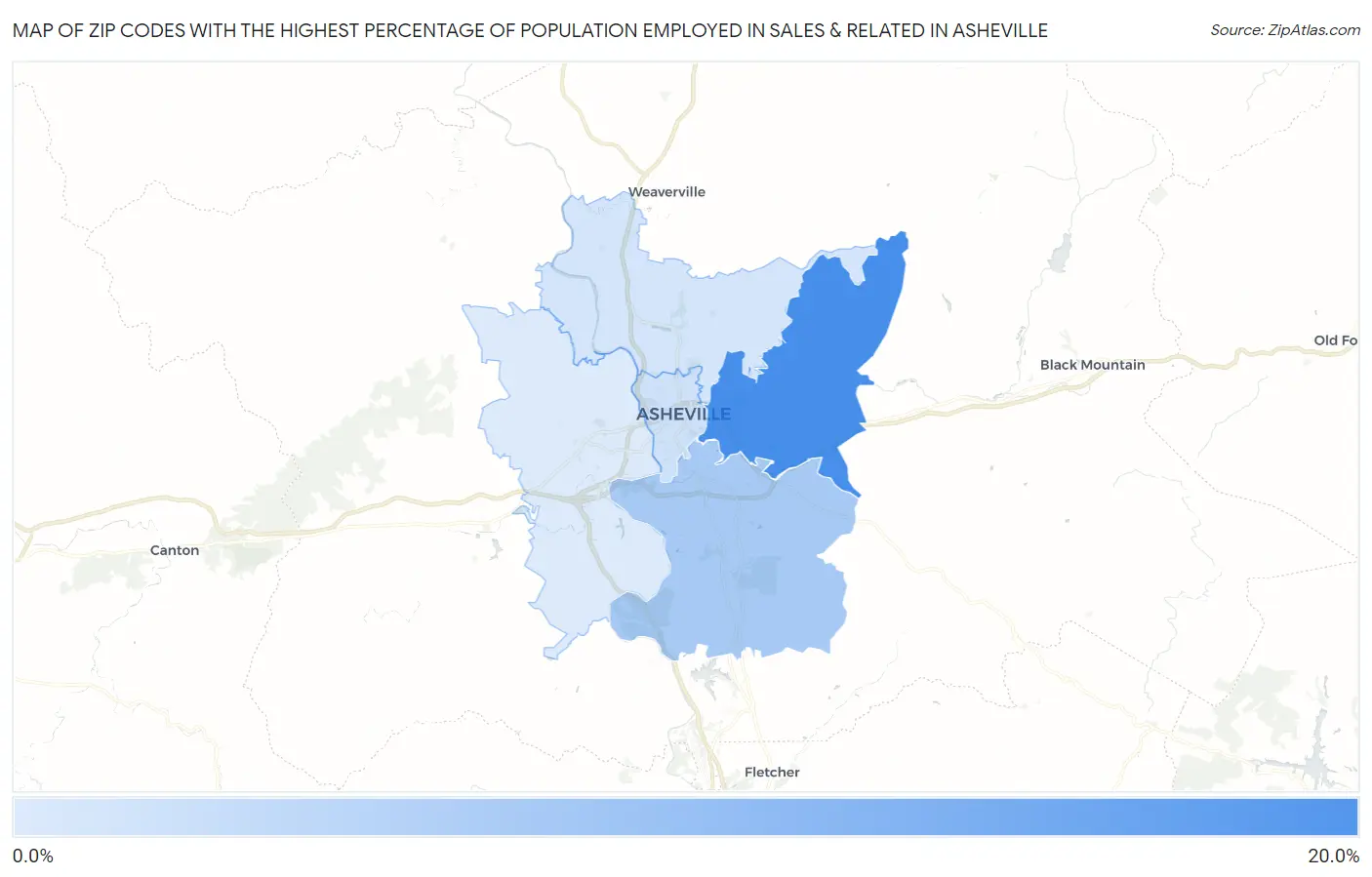 Zip Codes with the Highest Percentage of Population Employed in Sales & Related in Asheville Map