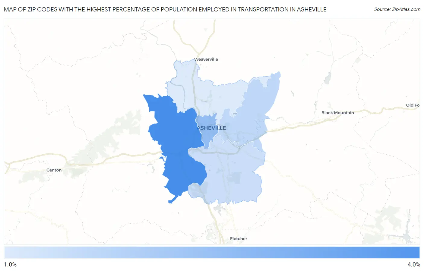 Zip Codes with the Highest Percentage of Population Employed in Transportation in Asheville Map