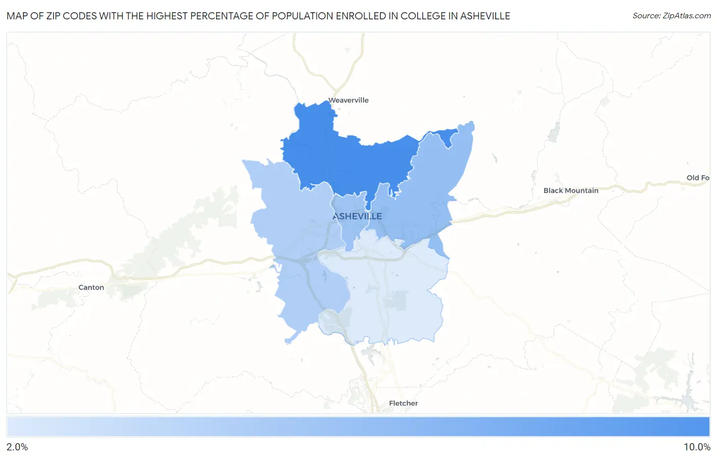 Zip Codes with the Highest Percentage of Population Enrolled in College in Asheville Map