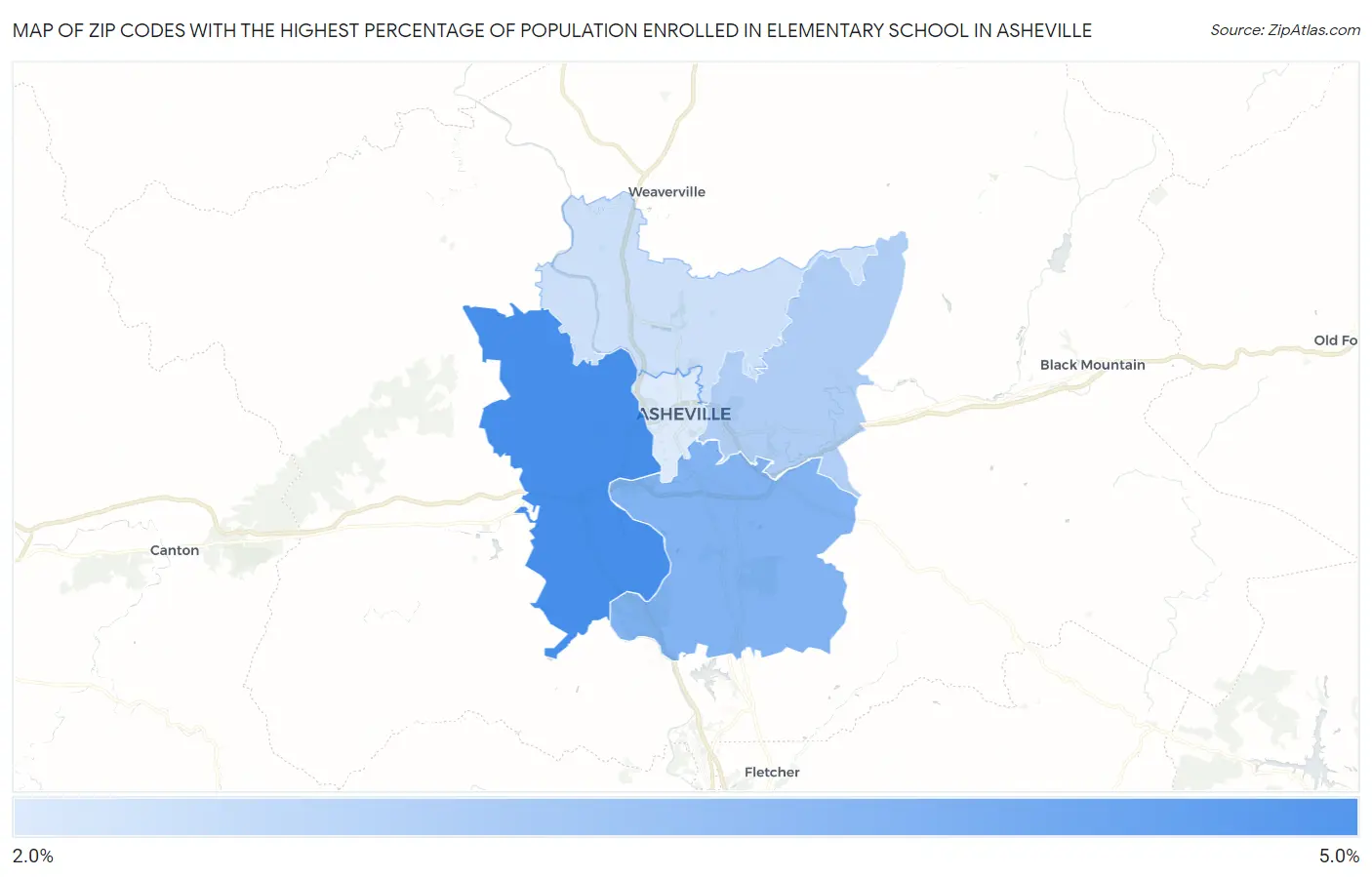 Zip Codes with the Highest Percentage of Population Enrolled in Elementary School in Asheville Map