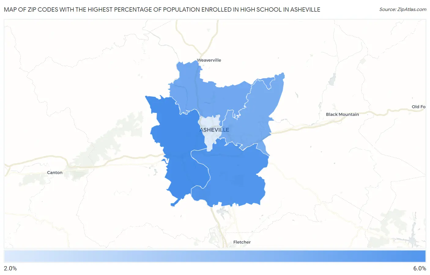 Zip Codes with the Highest Percentage of Population Enrolled in High School in Asheville Map